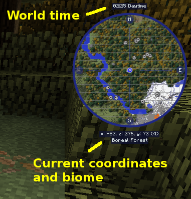 Annotated screenshot of the JourneyMap minimap